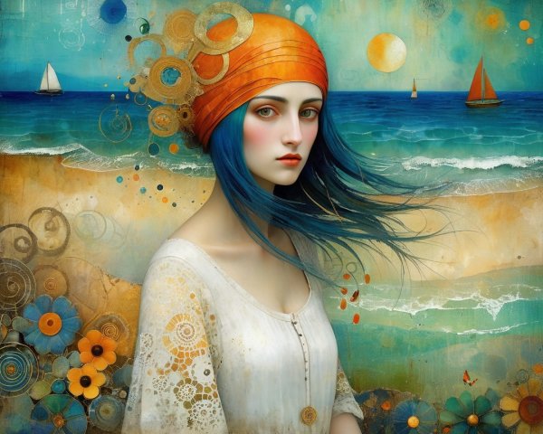 Young Woman with Blue Hair at a Seaside Scene