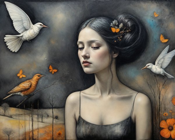 Serene Young Woman in Dreamlike Natural Landscape