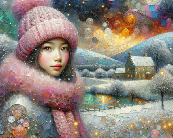 Young woman in cozy winter attire in colorful landscape
