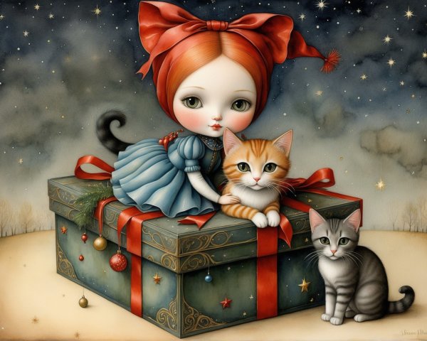 Whimsical Scene of Girl with Cats Under Starry Sky
