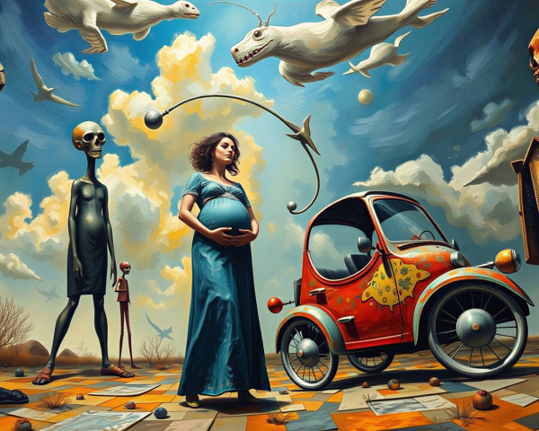 Surreal Landscape with Pregnant Woman and Whimsical Car
