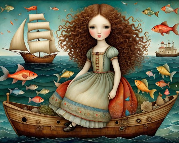 Young Girl in Wooden Boat Surrounded by Colorful Ocean