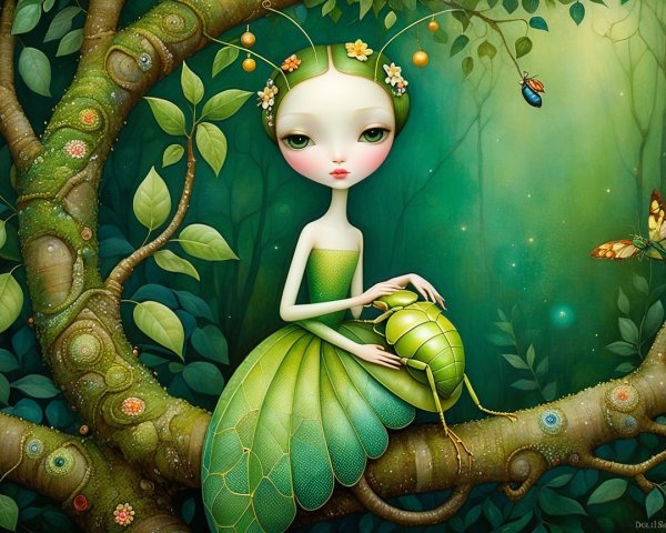 Whimsical Fairy Figure on Twisted Tree Branch