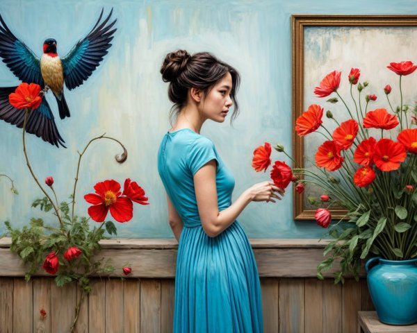 Woman in Blue Dress by Colorful Mural and Flowers