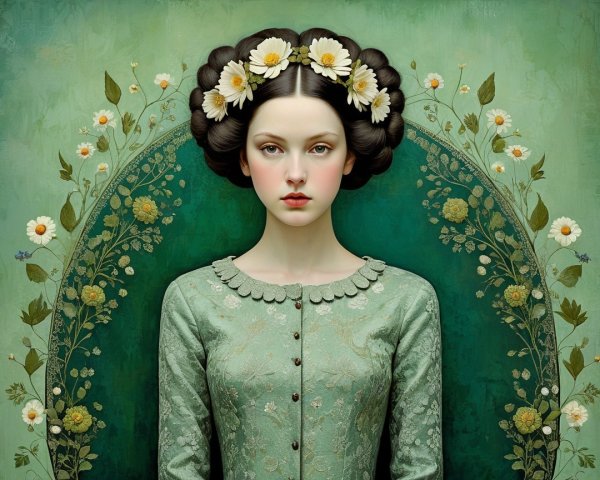 Elegant Young Woman in Vintage Mint-Green Gown