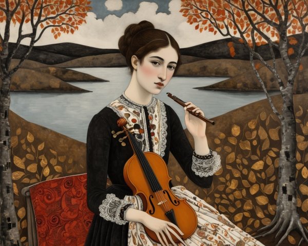 Young Woman Playing Flute by Tranquil Autumn Lake