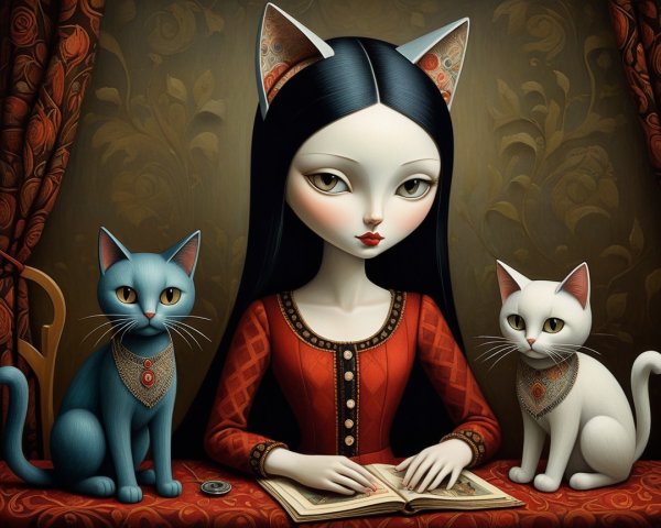 Woman with Cat Features Surrounded by Two Cats