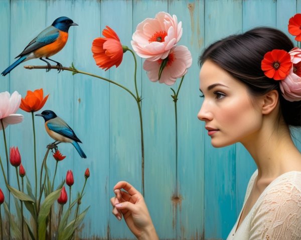 Young Woman with Flowers and Colorful Birds in Nature