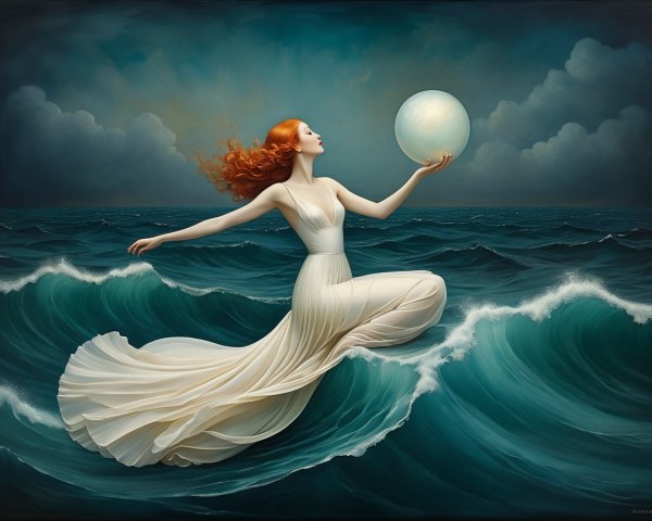 Red-haired woman in white dress on ocean waves