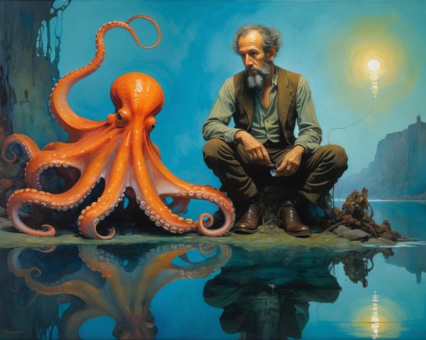 Older man observes vibrant orange octopus by shoreline