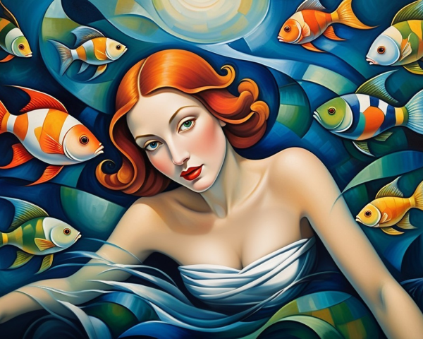 Underwater Scene with Woman in White Gown and Fish