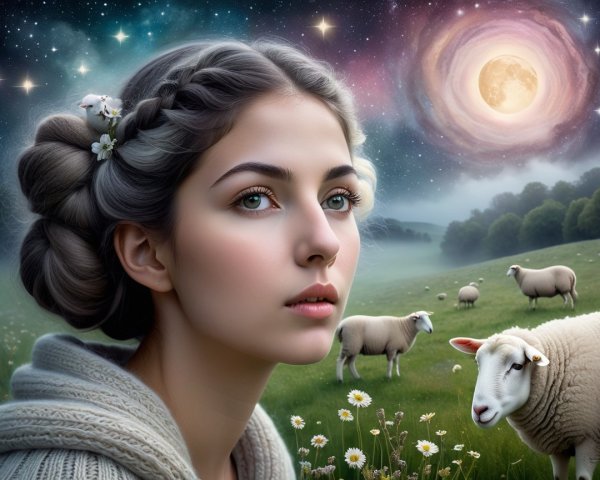 Serene Woman in Lush Meadow Under Starry Sky