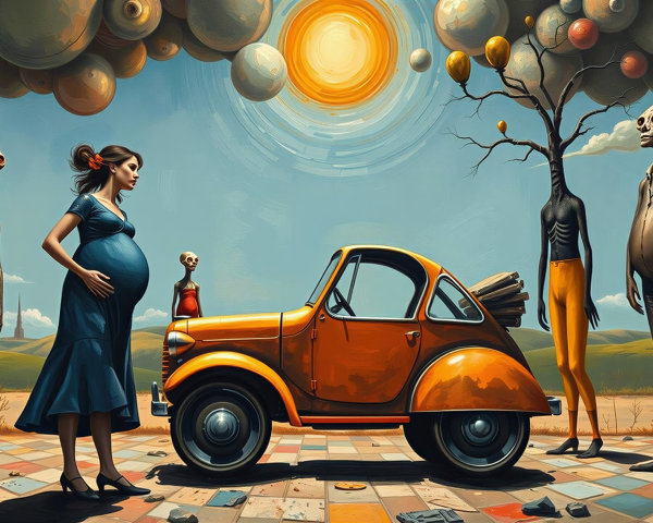 Surreal Scene of Pregnant Woman and Skeletal Figures