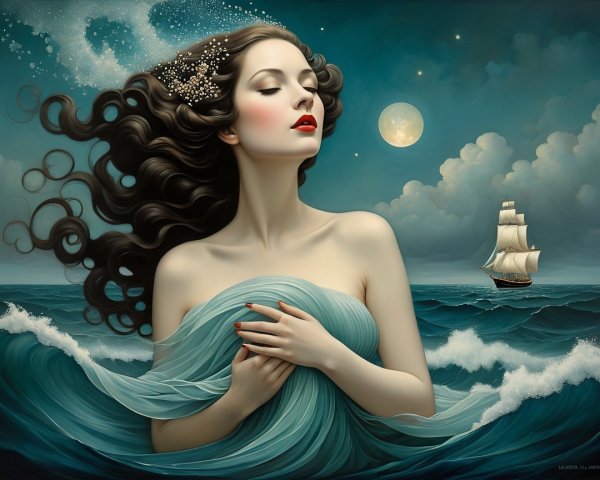 Serene Woman in Azure Fabric with Turbulent Waves