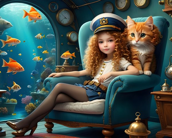 Whimsical Underwater Scene with Girl and Cat