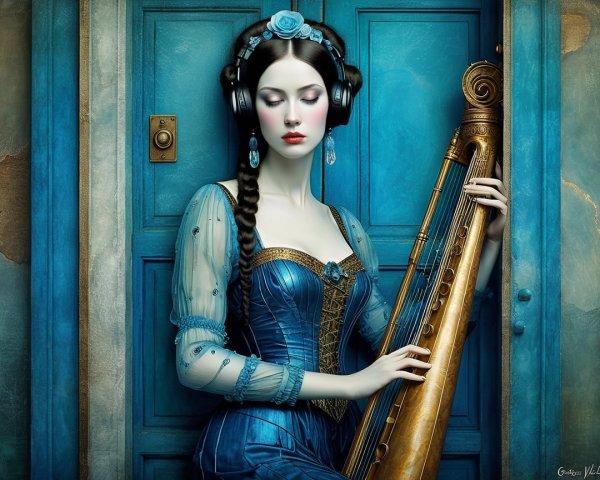 Elegant Woman in Blue Gown with Harp and Headphones