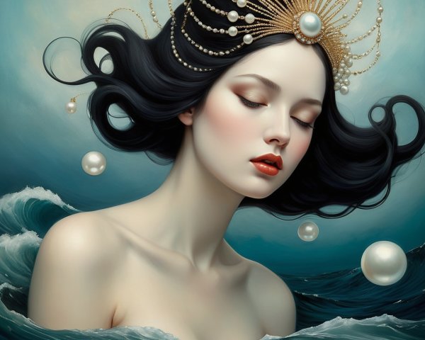 Ethereal Woman in Ocean Waves with Pearls and Crown