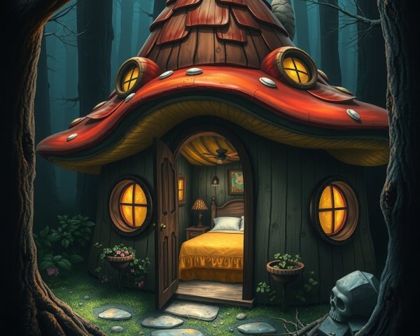 Whimsical Mushroom House in Enchanted Forest Setting
