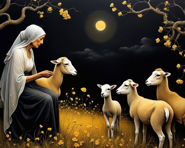 Elderly Woman with Sheep Under Full Moon at Night