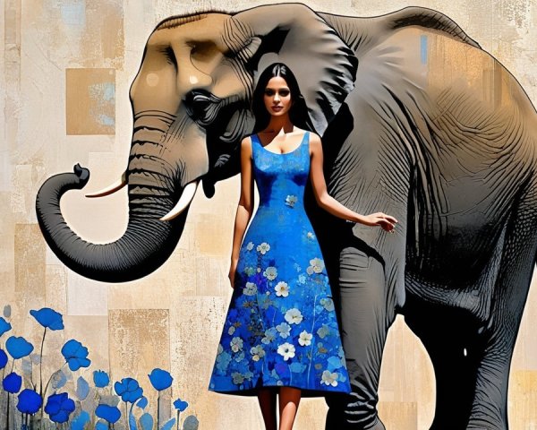 Woman in Blue Floral Dress with Elephant Background