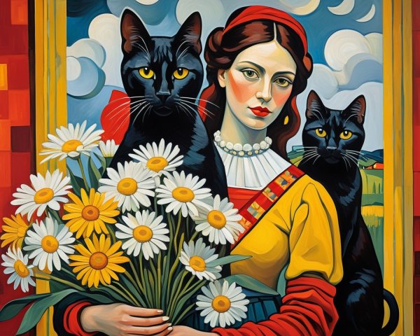 Vibrant Portrait of Woman with Daisies and Cats