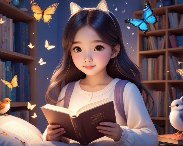 Young girl reading in a cozy, whimsical room