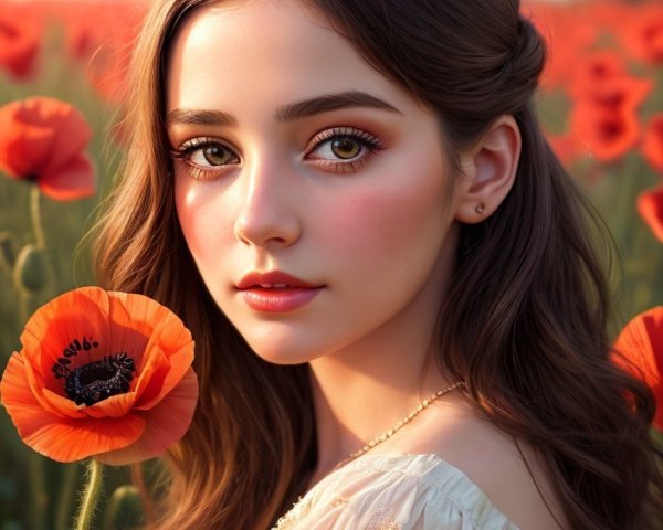 Young woman in poppy field with soft sunlight ambiance
