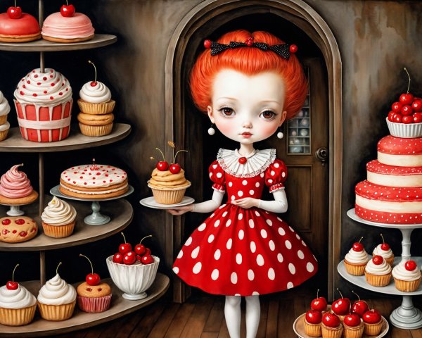 Whimsical Illustration of Girl with Cupcake in Vintage Setting