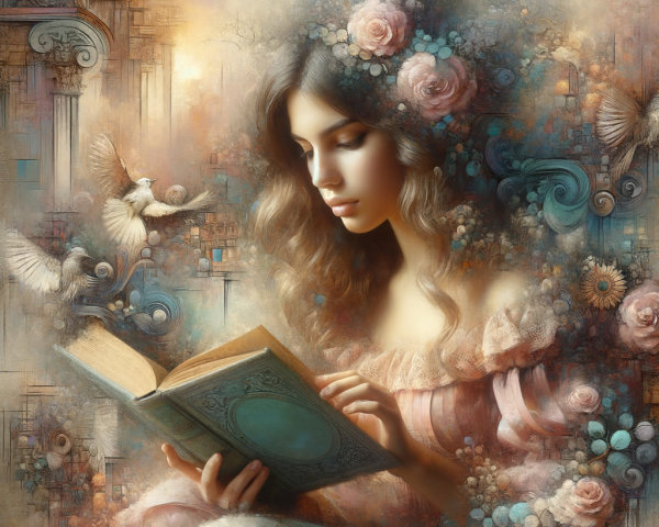 Serene Young Woman Reading in Dreamy Floral Setting