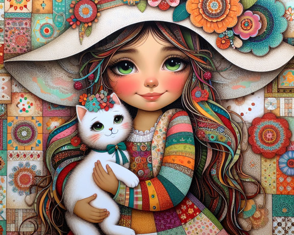 Whimsical Illustration of Girl with Cat and Flowers