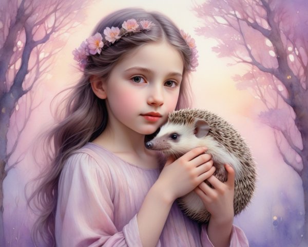 Young girl with hedgehog in a pastel forest scene