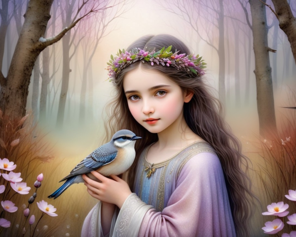 Young girl with bluebird in serene forest setting
