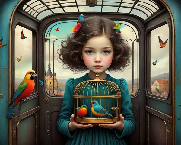 Young girl in vintage train with colorful birds