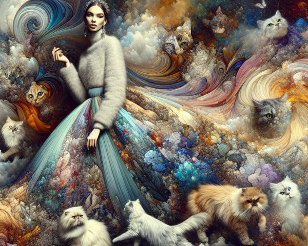Woman in flowing outfit surrounded by whimsical cats