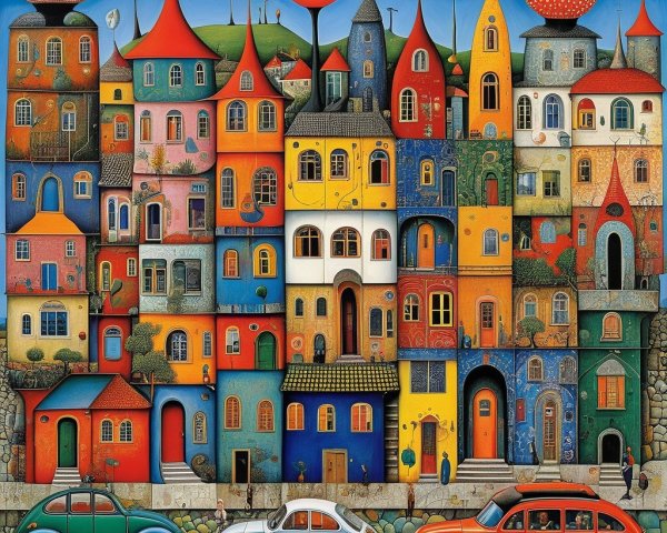 Colorful Cityscape with Unique Buildings and Vintage Cars