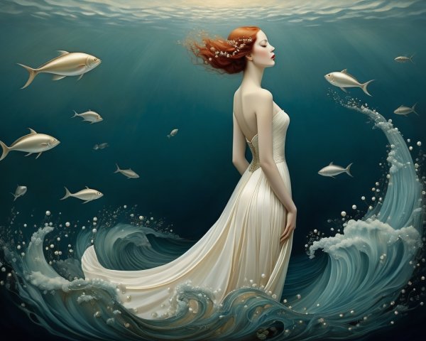 Underwater Scene with Woman in White Gown and Fish