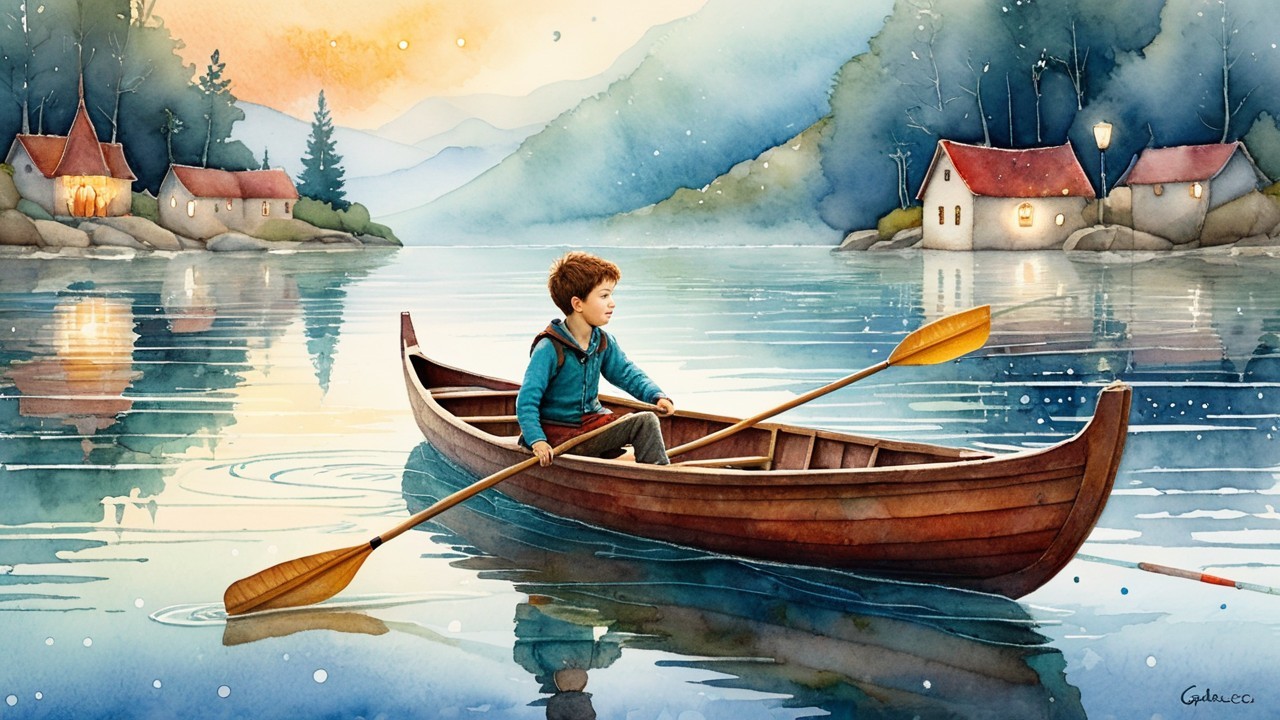 Watercolor Scene of Boy Rowing Canoe at Dusk