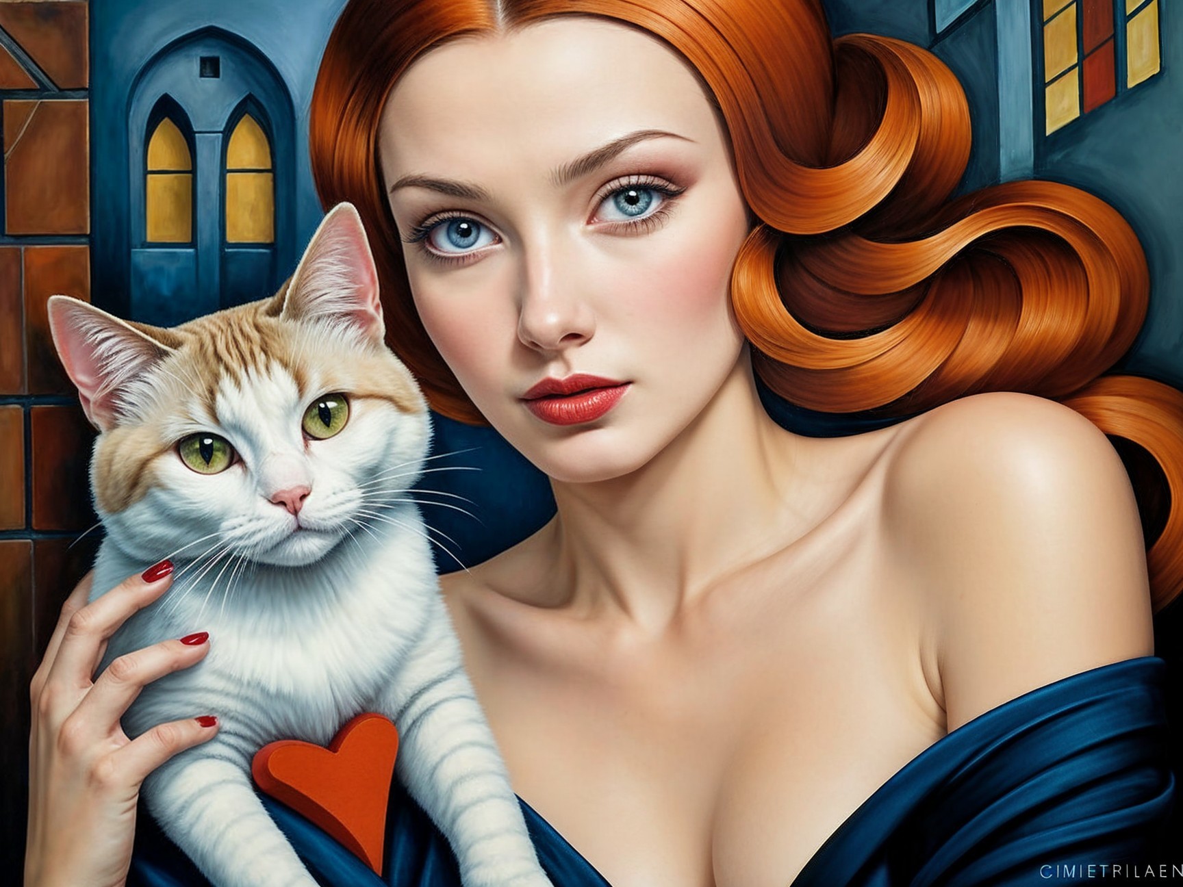 Portrait of a woman with red hair and a cat