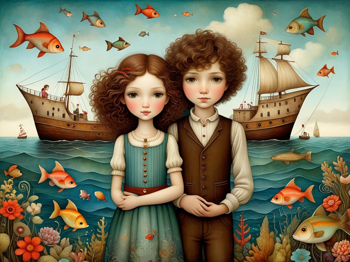 Children with Curls in Whimsical Sea Setting