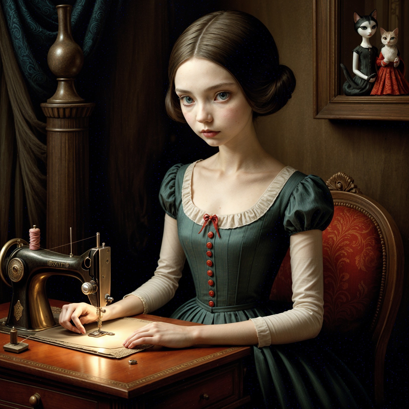 Young girl sewing at vintage machine in warm setting