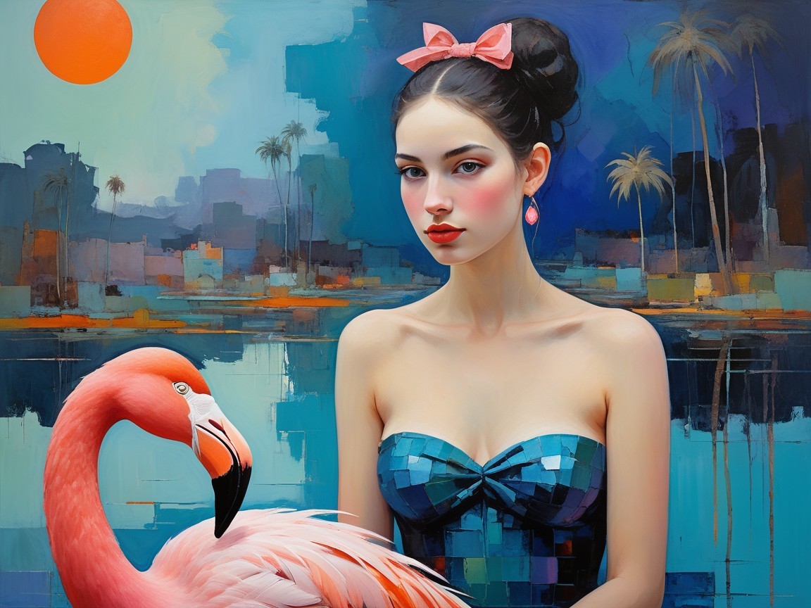 Colorful painting of a woman with a flamingo backdrop