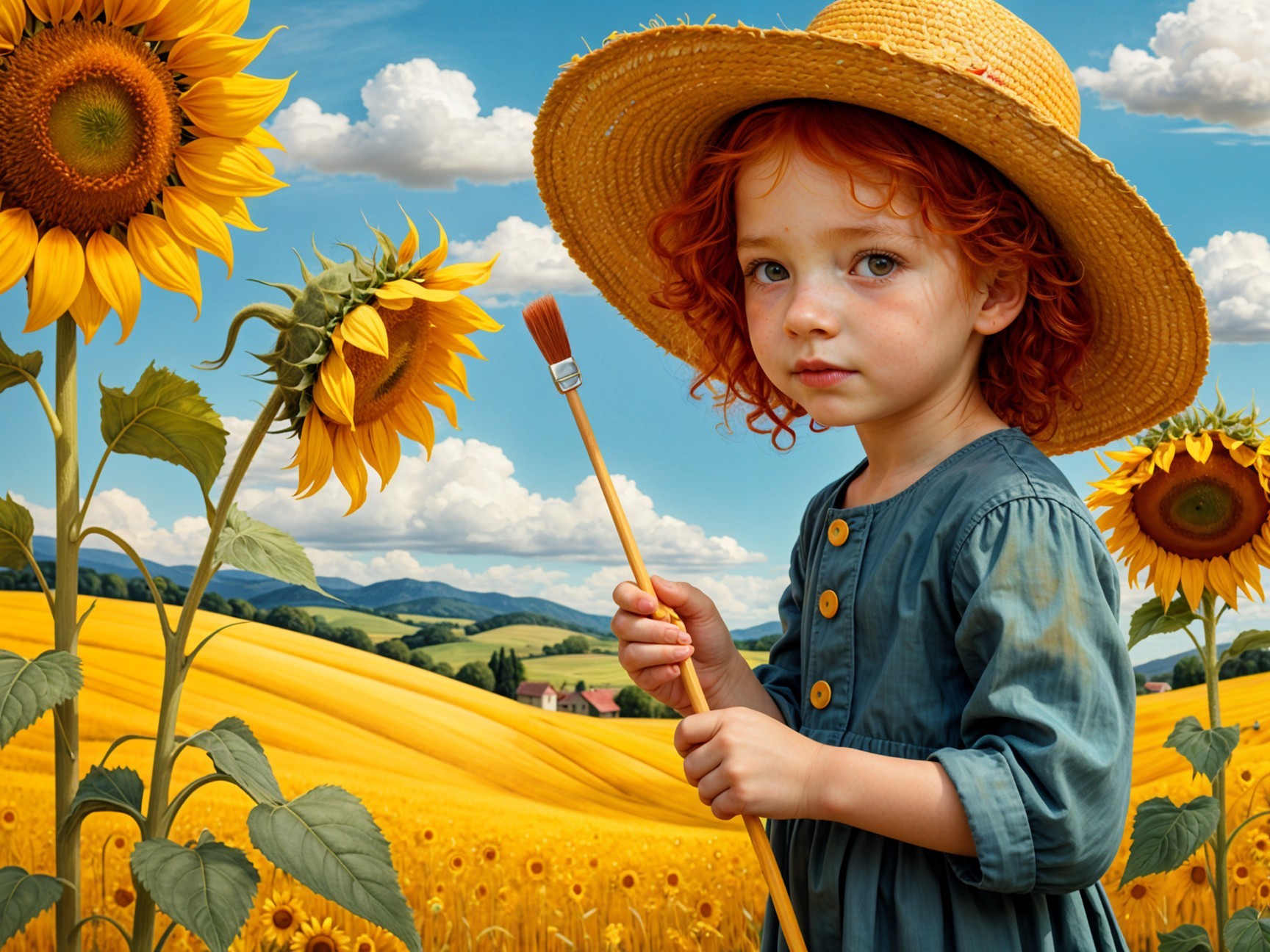 Young Girl in Blue Dress Among Sunflowers in Field