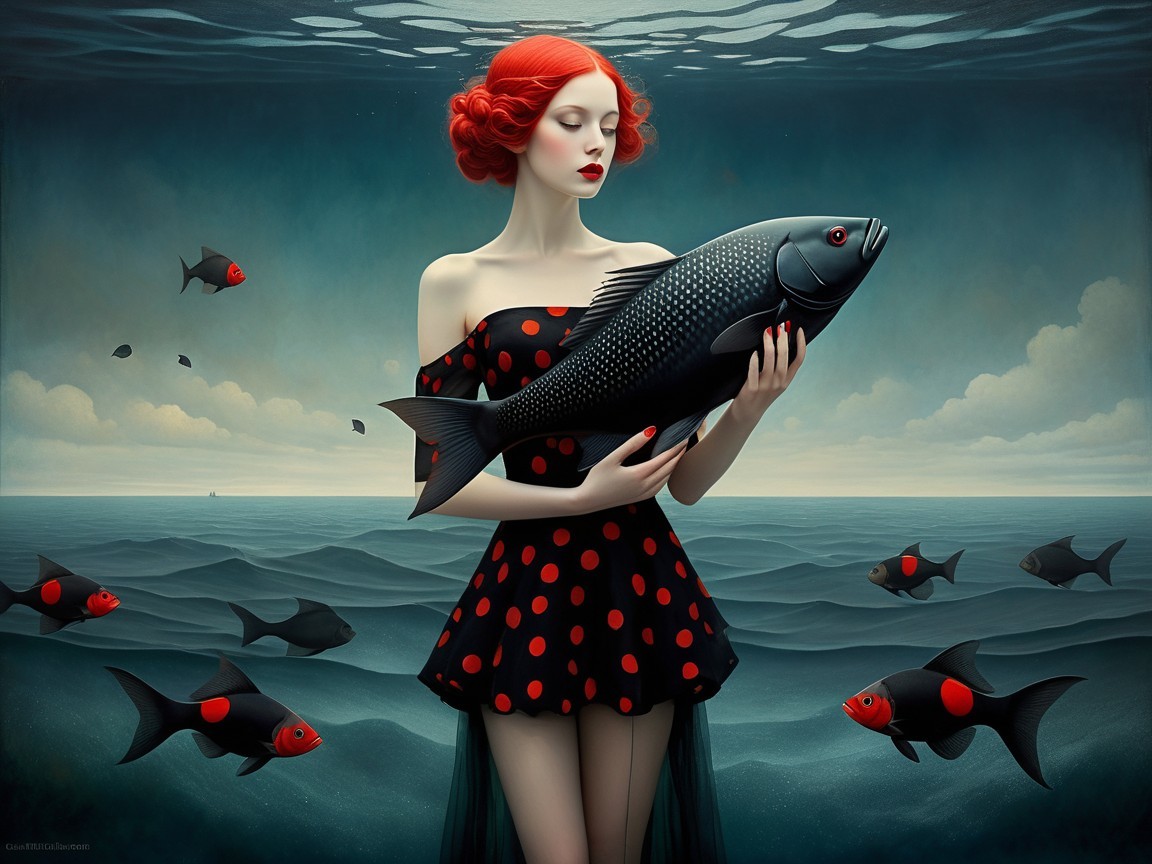Surreal Underwater Scene with Woman and Fish