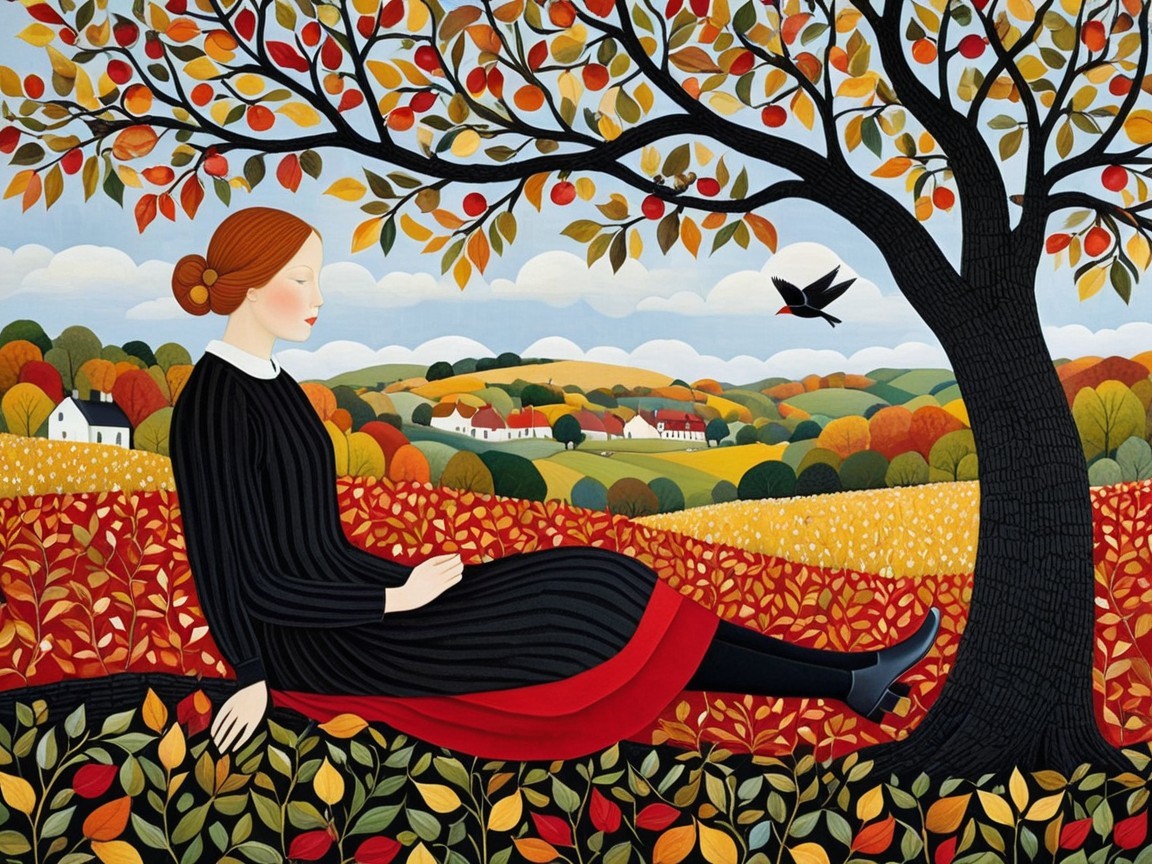 Autumn Landscape with Woman Under Colorful Tree