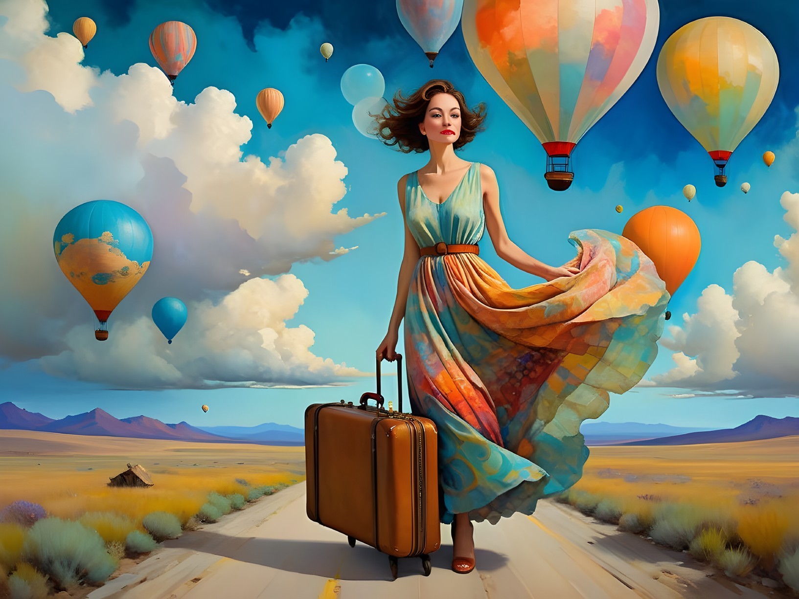 Woman in Colorful Dress on Road with Hot Air Balloons