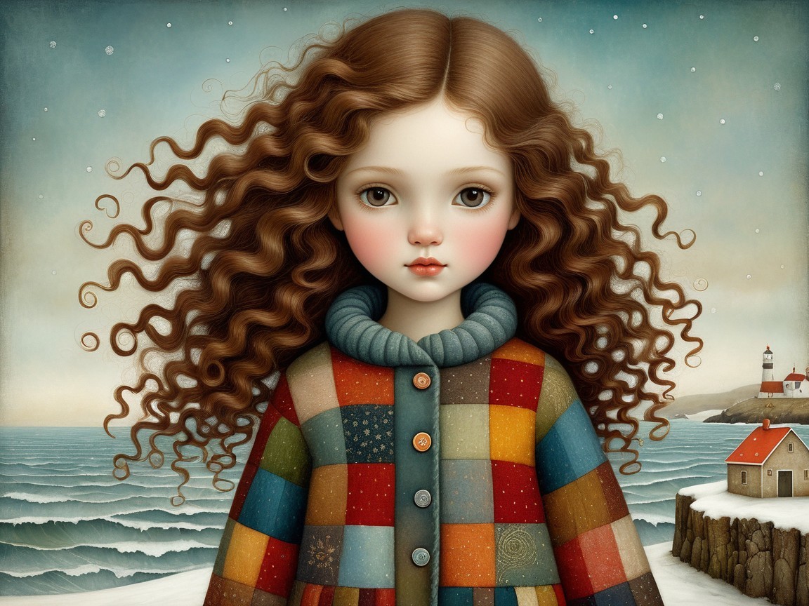 Young girl in colorful coat by serene seascape