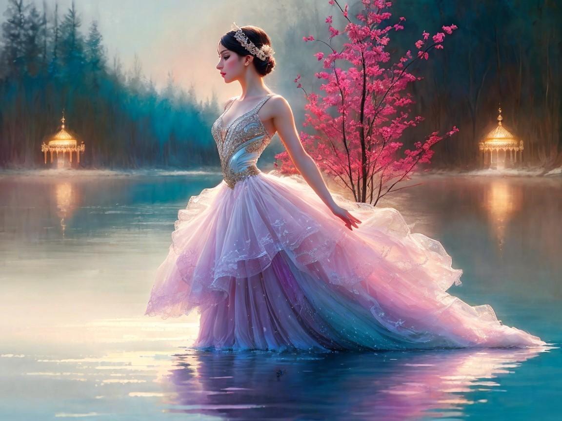 Serene Lake Scene with Elegant Gown and Cherry Blossoms