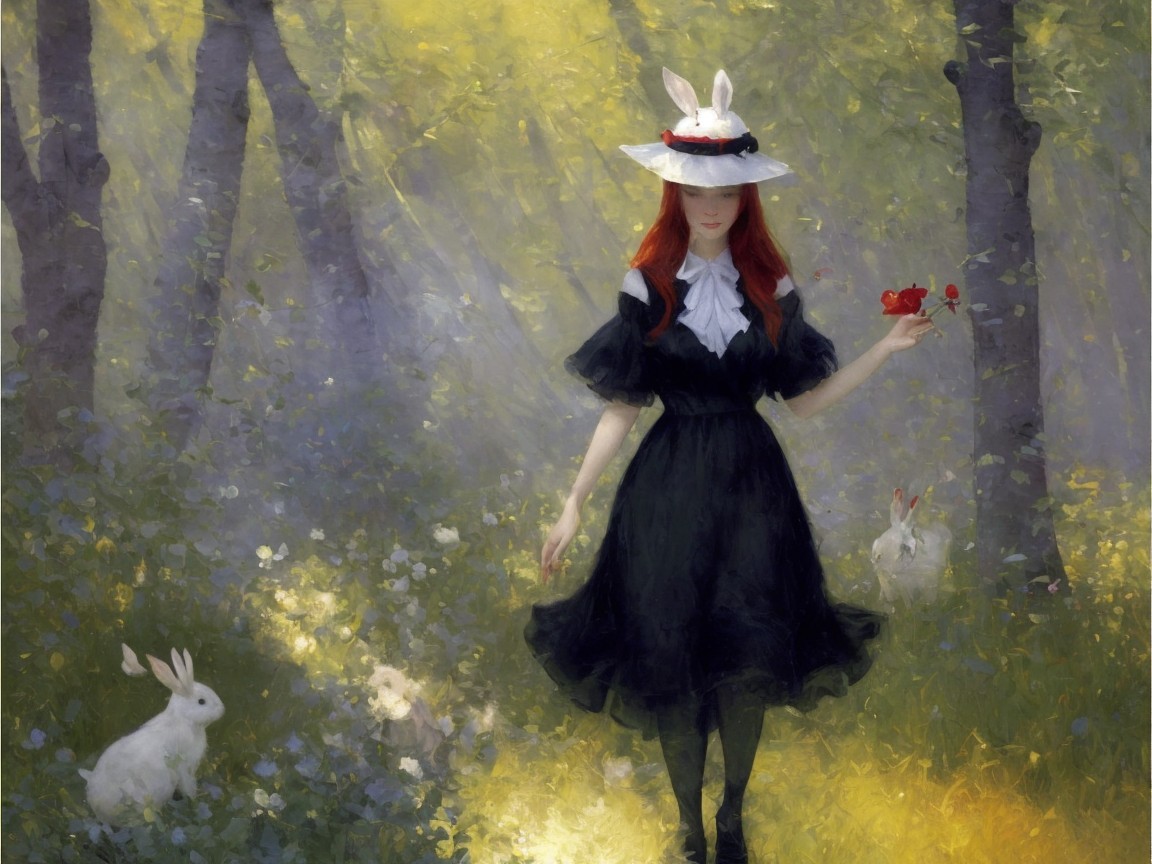Whimsical Forest Scene with Girl and Playful Rabbits