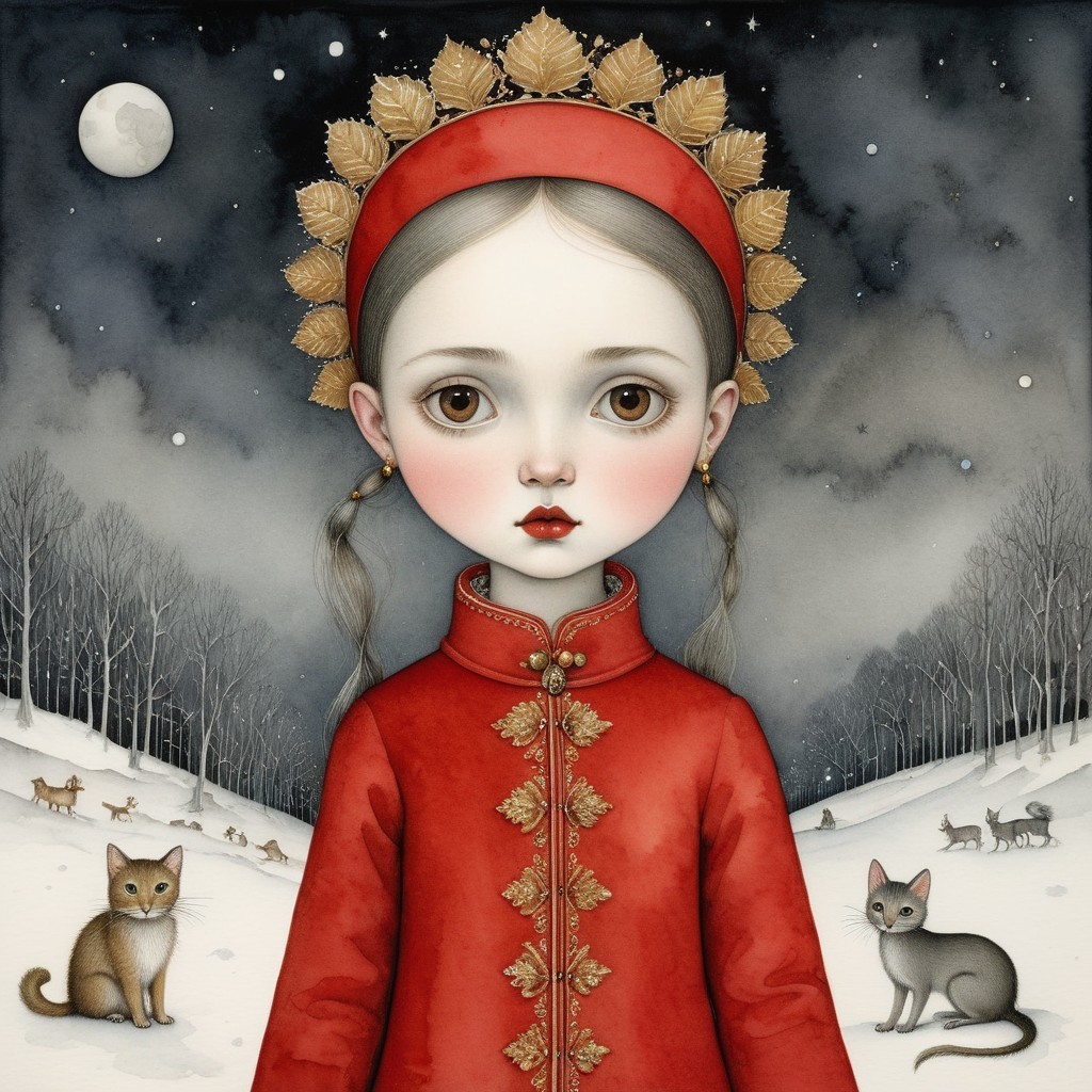 Young girl in red dress in snowy fairy-tale scene