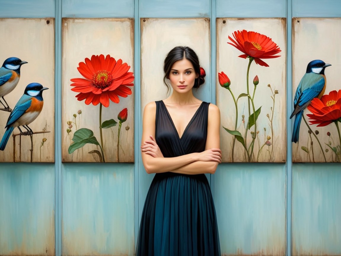 Woman in Black Dress Against Colorful Mural Background